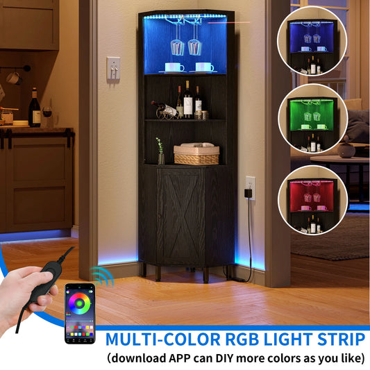 67" Corner Bar Cabinet with LED Lights, Wine Glass Holder & Storage Shelves, Black