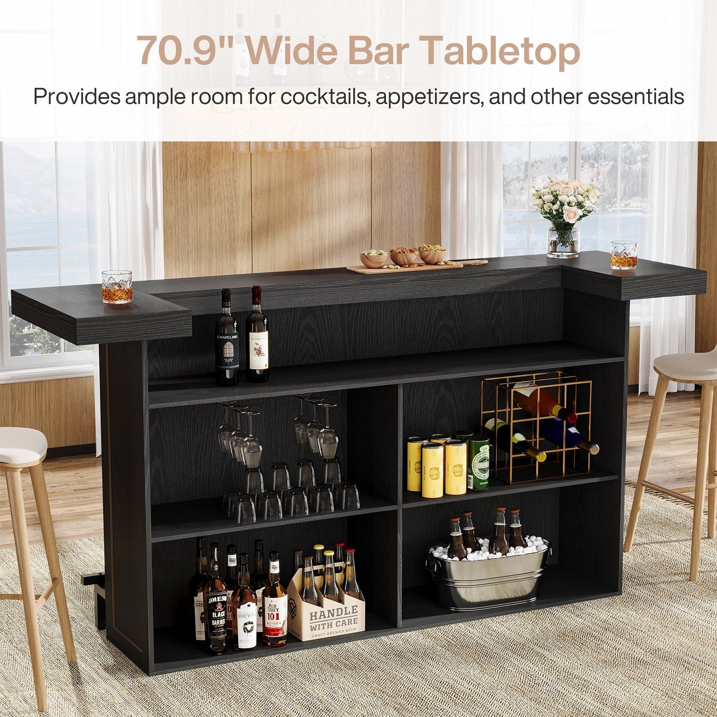 70.9" Wooden Home Bar Table with Wine Glass Holder, Pub Storage Unit Accent Table for Home Patio Basement