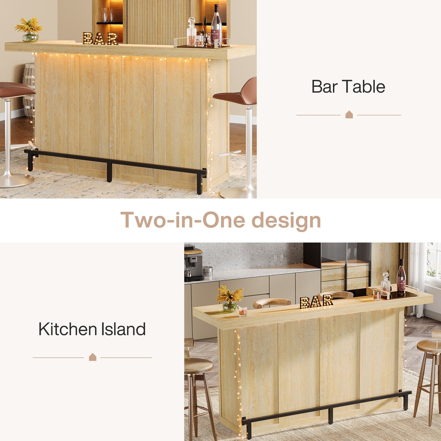 70.9" Wooden Home Bar Table with Wine Glass Holder, Pub Storage Unit Accent Table for Home Patio Basement