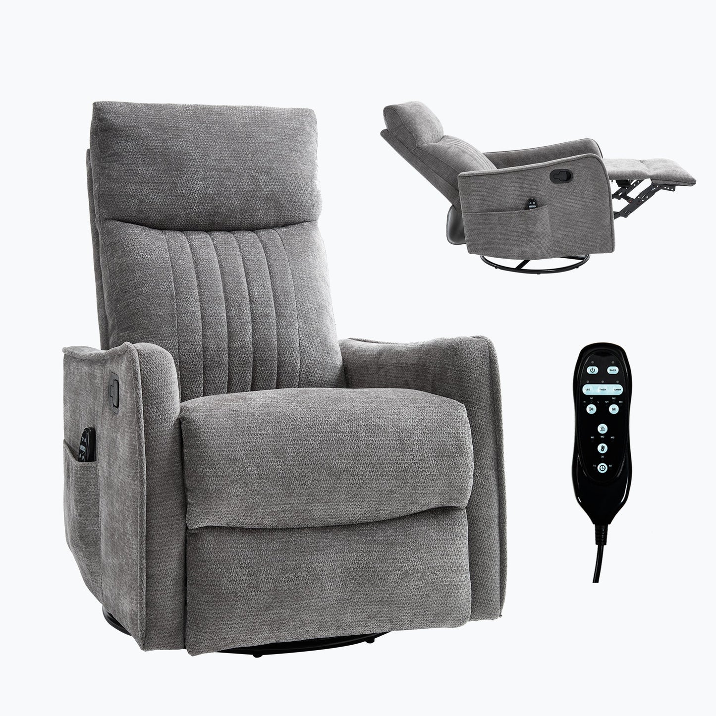 Dark Grey Heat Massage Manual Recliner Chair with Rocker and Swivel in Fabric for Living Room