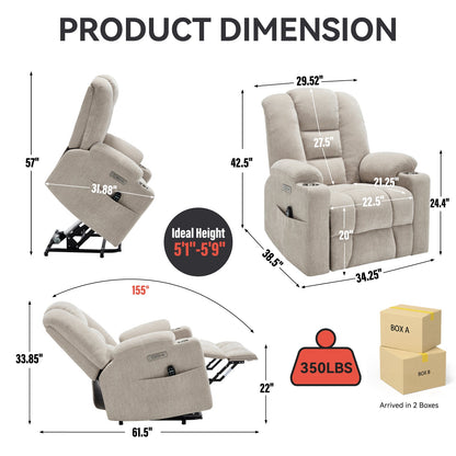 Power Lift Recliner Chair with Massage and Heat for Elderly, Overstuffed Wide Recliners, Heavy Duty Motion Mechanism with USB and Type C Ports, 2 Steel Cup Holders, Beige