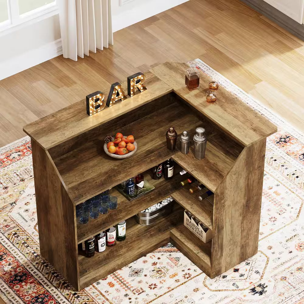 Kearsten Brown 46.5 In. Bar Cabinet, L-Shaped Home Bar Table with Stemware Racks, 4-Tier Corner Bar Unit for Home Pub