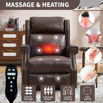 Brown Manual Recliner Chair in Faux Leather for Living Room with Heavy Duty Motion Mechanism, 8 vibrating nodes and 3 massage modes