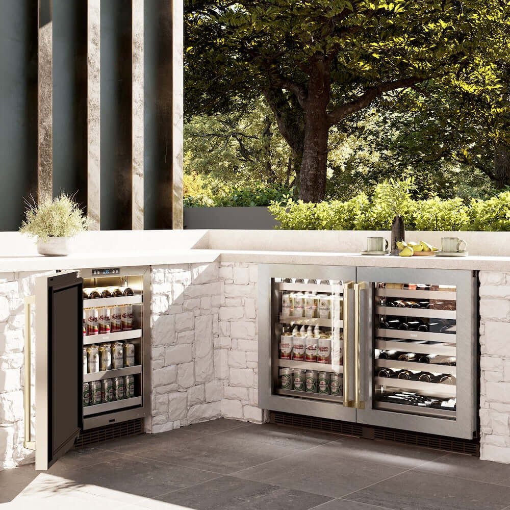 ZLINE 24" Touchstone Dual Zone 44 Bottle Wine Cooler White Matte Glass Door Champagne Bronze Handle RWDOZ-WM-24-CB