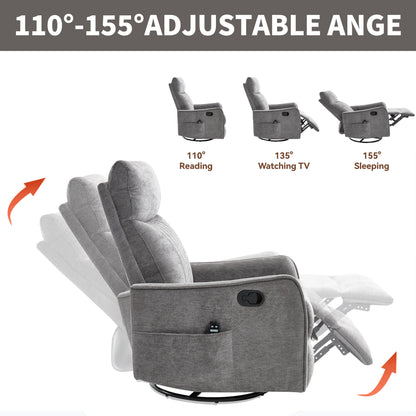 Dark Grey Heat Massage Manual Recliner Chair with Rocker and Swivel in Fabric for Living Room
