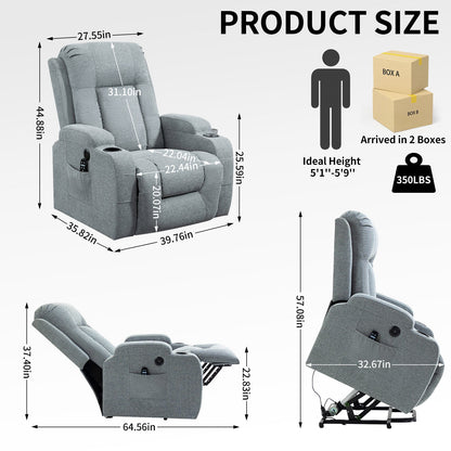 Infinite Position Single Motor Up to 350 LBS Power Lift Recliner Chair for Elderly, Heavy Duty Motion Mechanism with 8-Point Vibration Massage and Lumbar Heating, USB Charging Port, Cup Holders, Grey