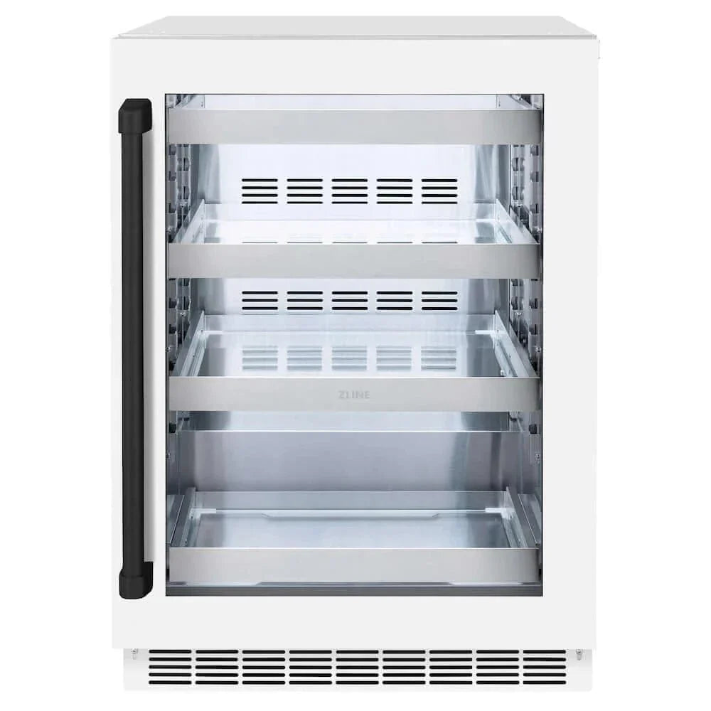 ZLINE 24" Touchstone 151 Can Beverage Fridge White Matte Glass Door Matte Black Handle RBSOZ-WM-24-MB