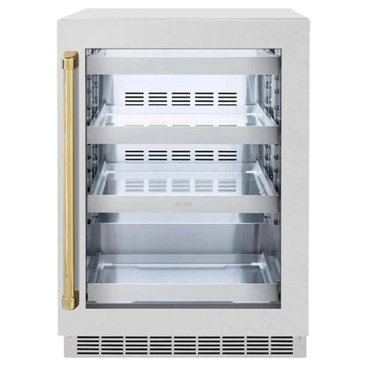 ZLINE 24" Touchstone 151 Can Beverage Fridge DuraSnow® Stainless Steel Glass Door Polished Gold Handle RBSOZ-SN-24-G