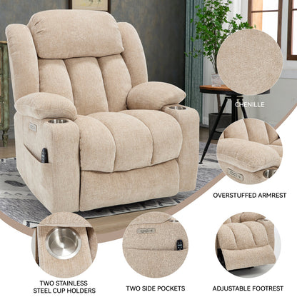 Up to 350 LBS Chenille Power Lift Recliner Chair, Heavy Duty Motion Mechanism with 8-Point Vibration Massage and Lumbar Heating, USB and Type-C Ports, Stainless Steel Cup Holders, Beige