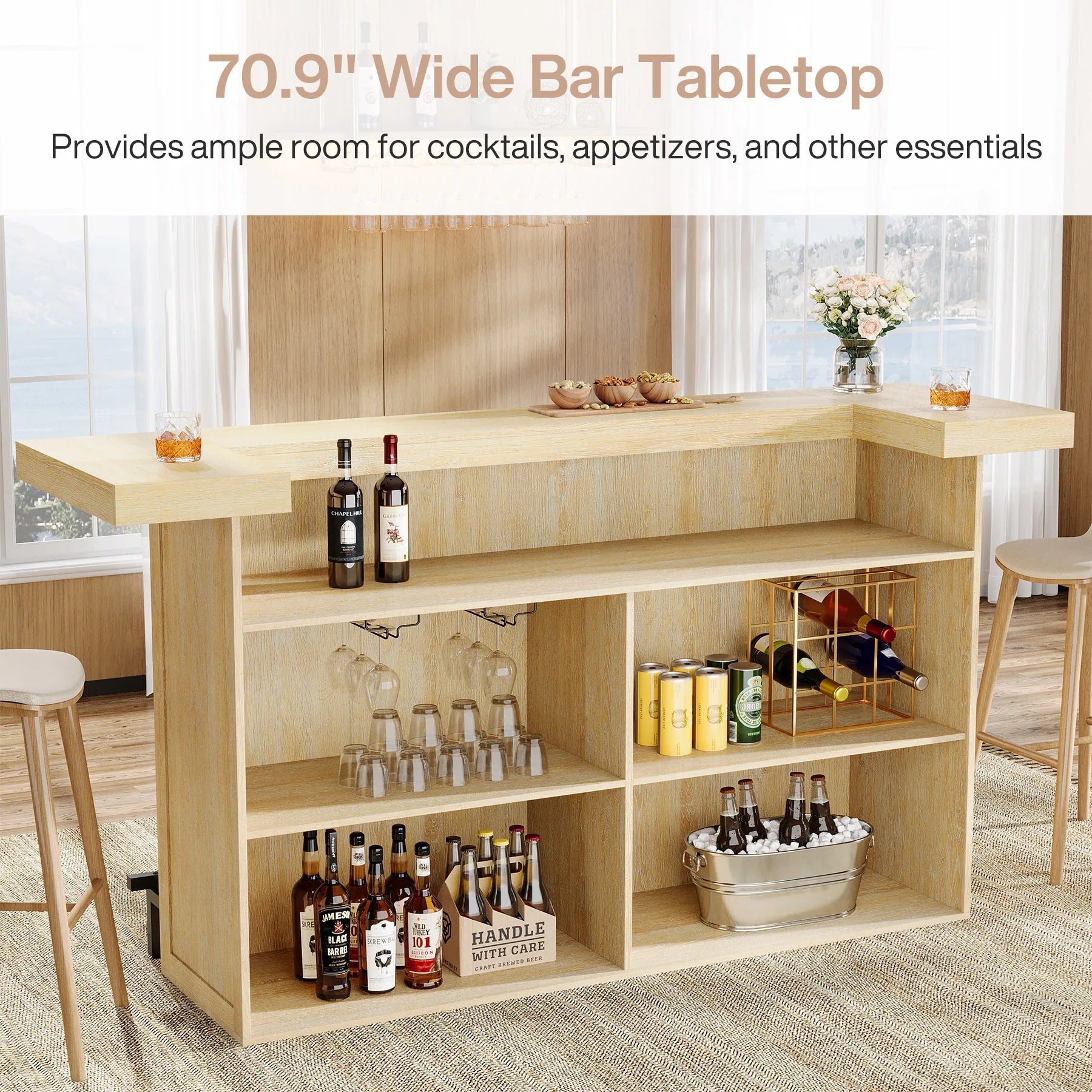 70.9" Wooden Home Bar Table with Wine Glass Holder, Pub Storage Unit Accent Table for Home Patio Basement