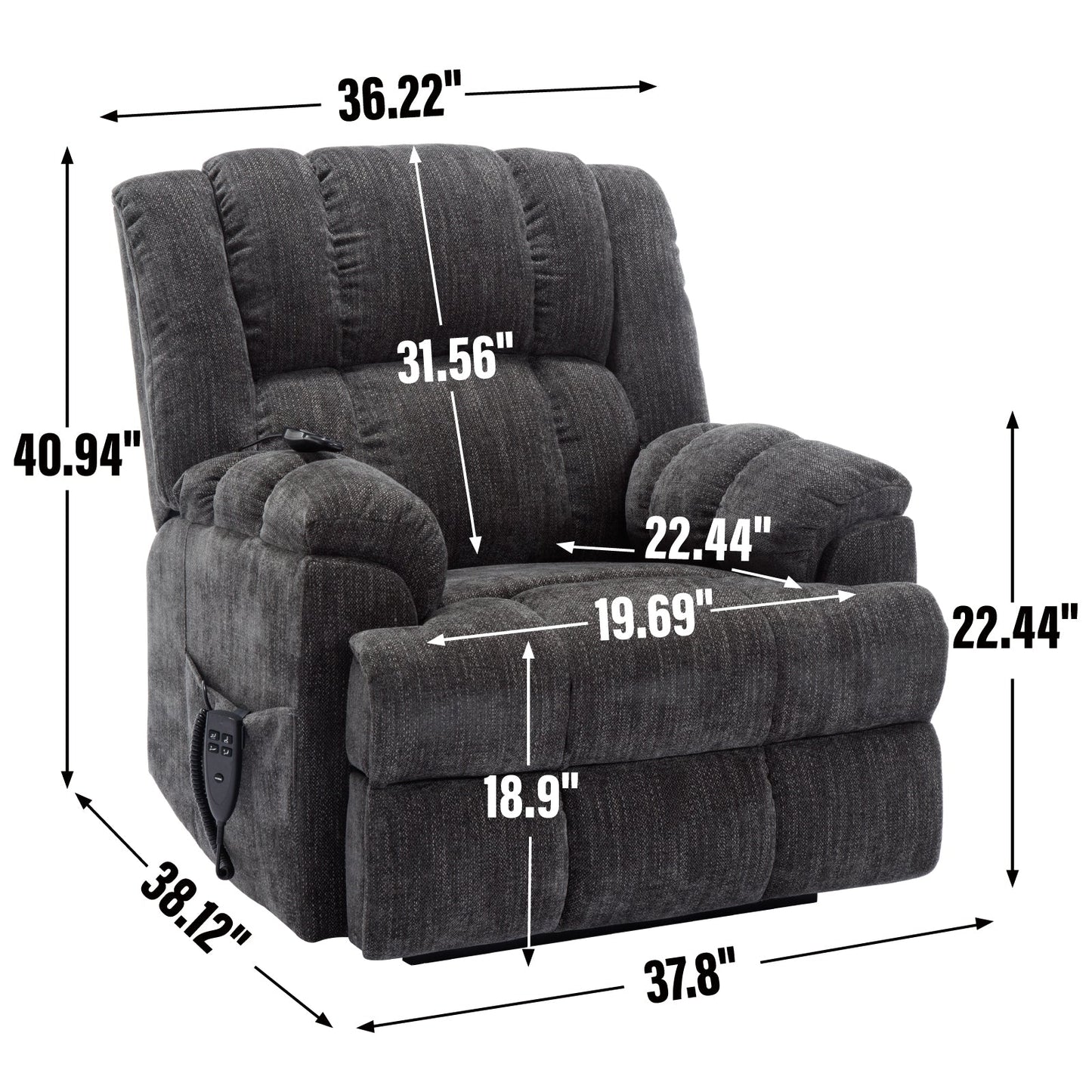 Dual Motor Heat Massage Infinite Position Up to 350 LBS Electric Power Lift Recliners with Power-Remote, Medium-firm and Heavy Duty, Grey