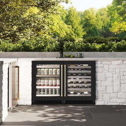 ZLINE 24" Touchstone 151 Can Beverage Fridge Black Matte Glass Door Gold RBSOZ-BLM-24-G