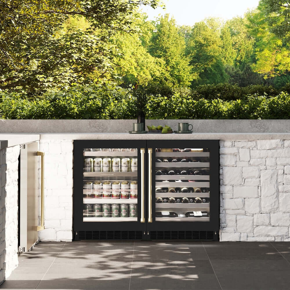 ZLINE 24" Touchstone 151 Can Beverage Fridge Black Matte Glass Door Champagne Bronze Handle RBSOZ-BLM-24-CB