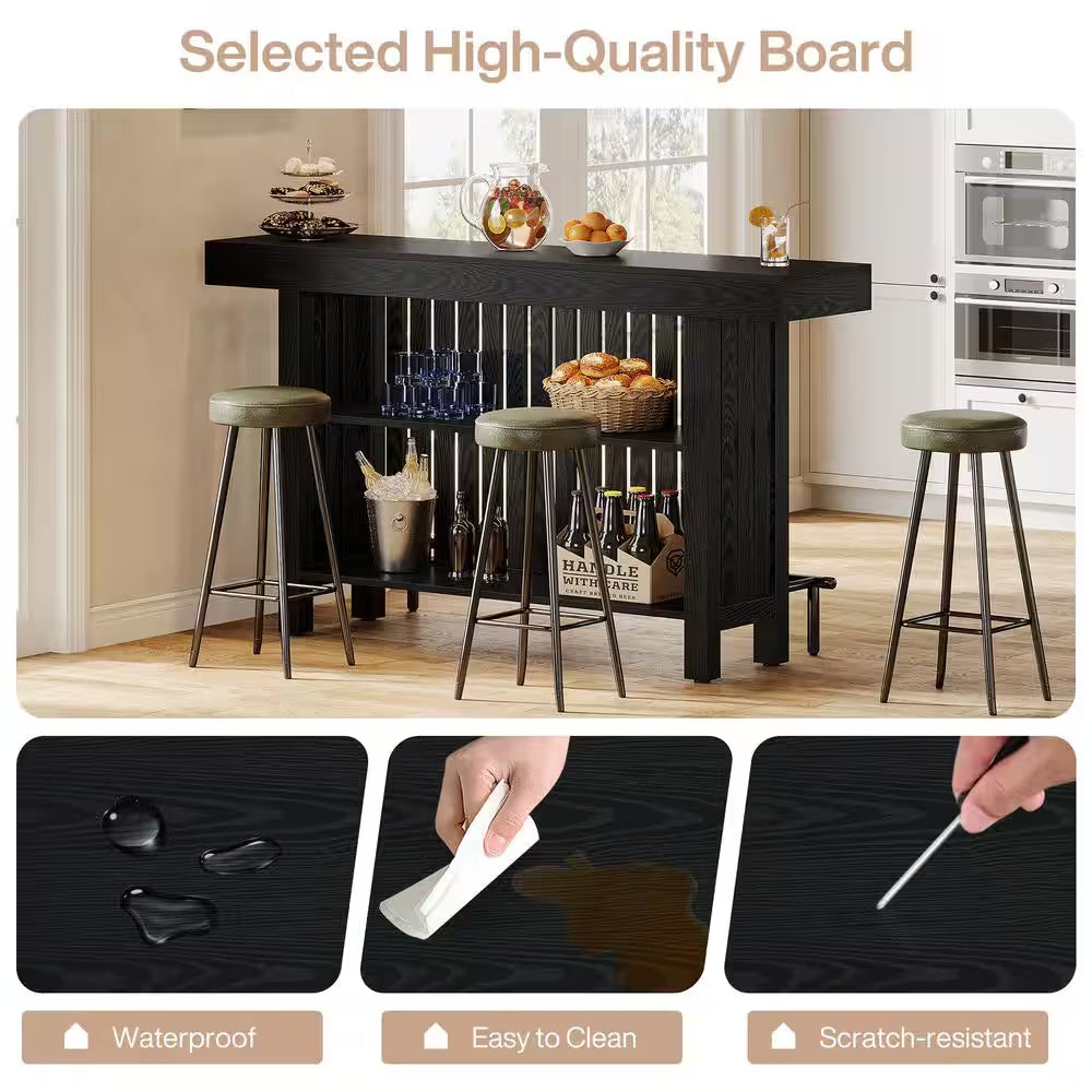 Adan 63 In. Home Black Wood Modern 2-Tier Bar Table Footrest Corner Mini Coffee Bar Cabinet Bar Unit