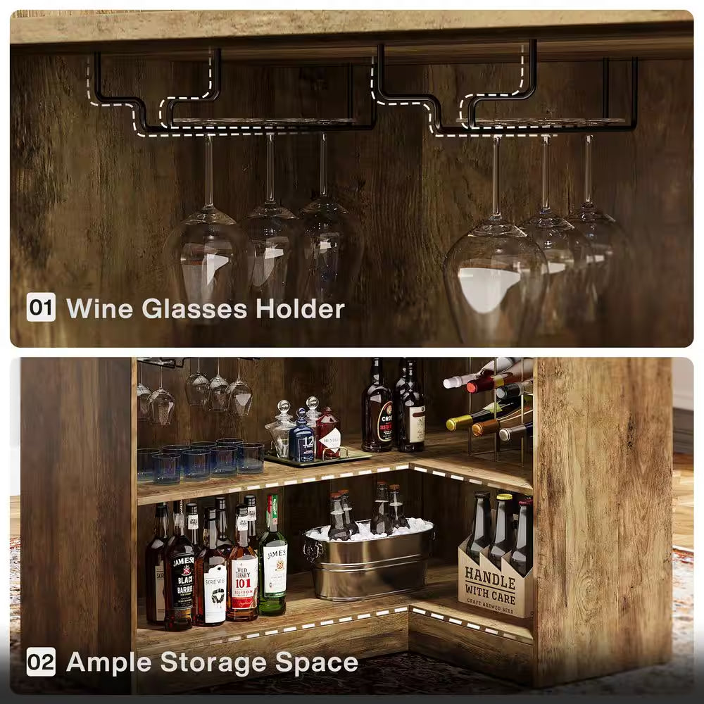 Kearsten Brown 46.5 In. Bar Cabinet, L-Shaped Home Bar Table with Stemware Racks, 4-Tier Corner Bar Unit for Home Pub