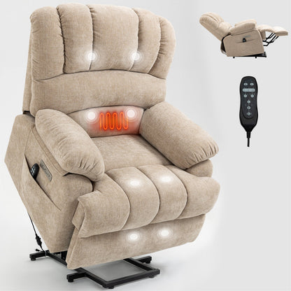 23' Seat Width and High Back Large Size Beige Chenille Power Lift Recliner Chair with 8-Point Vibration Massage and Lumbar Heating
