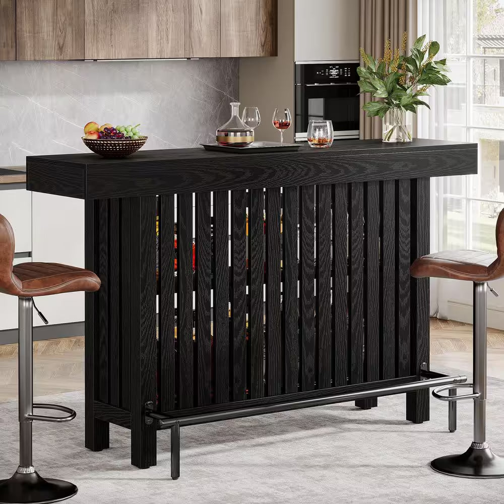 Adan 63 In. Home Black Wood Modern 2-Tier Bar Table Footrest Corner Mini Coffee Bar Cabinet Bar Unit