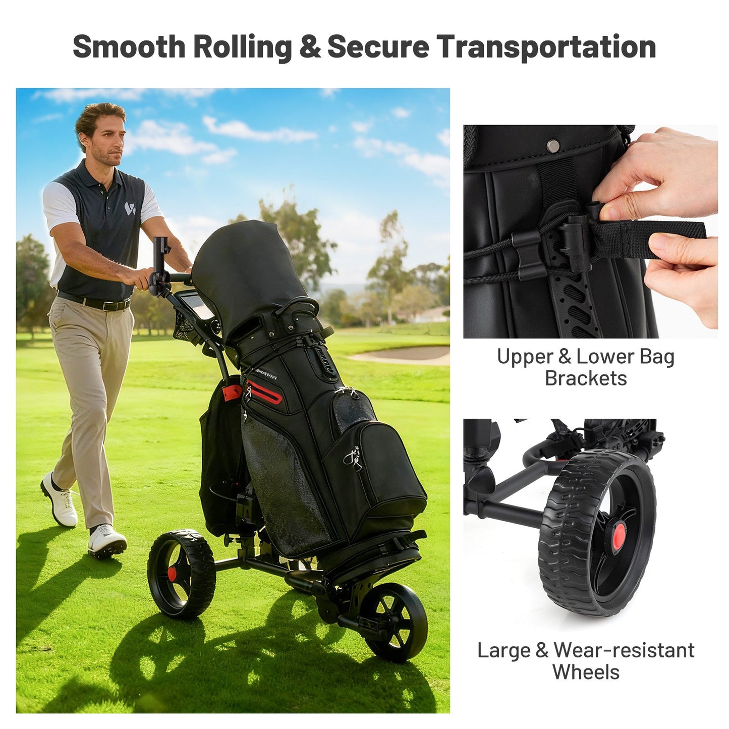 3 Wheel Golf Bag Cart with Adjustable Handle and 9 Speed Settings