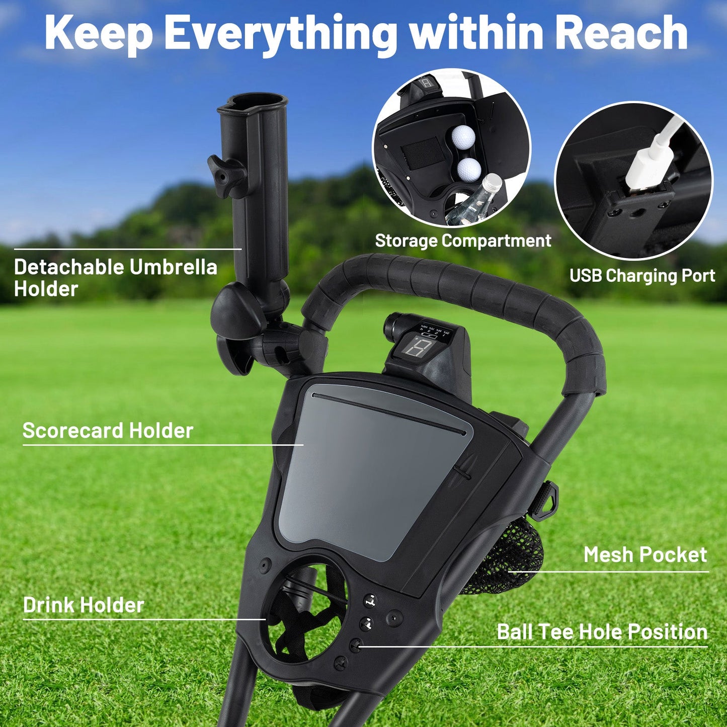 3 Wheel Golf Bag Cart with Adjustable Handle and 9 Speed Settings