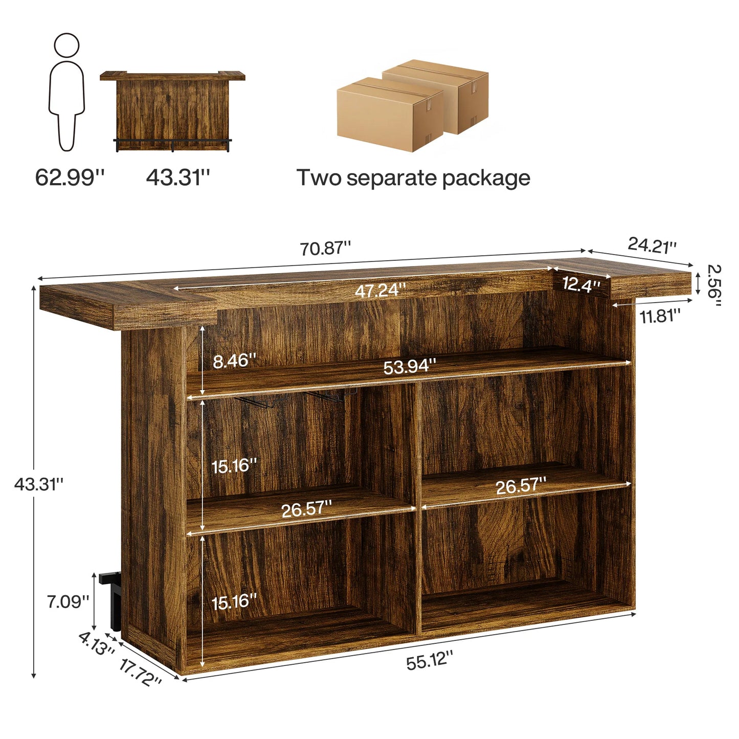 70.9" Wooden Home Bar Table with Wine Glass Holder, Pub Storage Unit Accent Table for Home Patio Basement