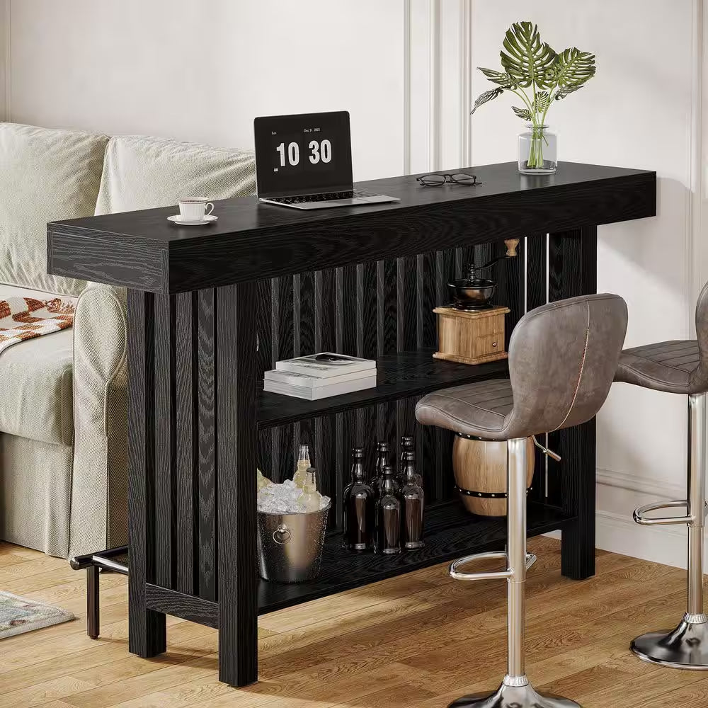 Adan 63 In. Home Black Wood Modern 2-Tier Bar Table Footrest Corner Mini Coffee Bar Cabinet Bar Unit