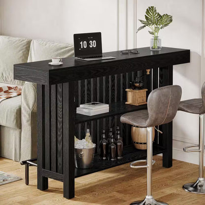 Adan 63 In. Home Black Wood Modern 2-Tier Bar Table Footrest Corner Mini Coffee Bar Cabinet Bar Unit