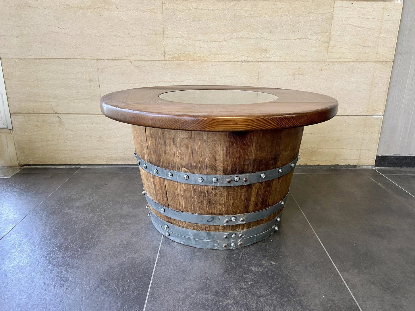 Whiskey & Wine Barrel Coffee Table Set — Full Round Table, 4 Chairs - Pub Set