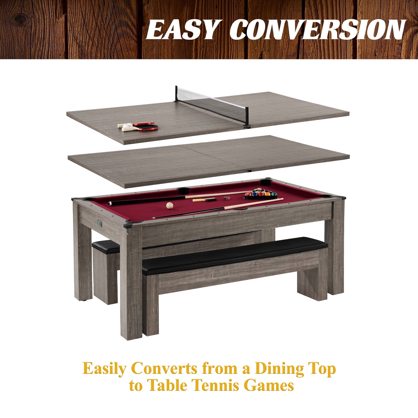6 Ft 3 in 1 Pool Table with Table Tennis and Dining Table Conversion Top, Includes All Accessories, by
