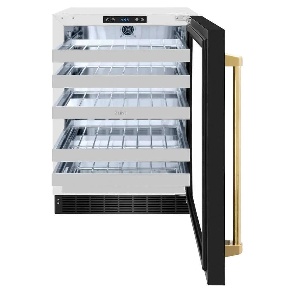 ZLINE 24" Touchstone Dual Zone 44 Bottle Wine Cooler Black Stainless Steel Glass Door Polished Gold Handle  RWDOZ-BS-24-G