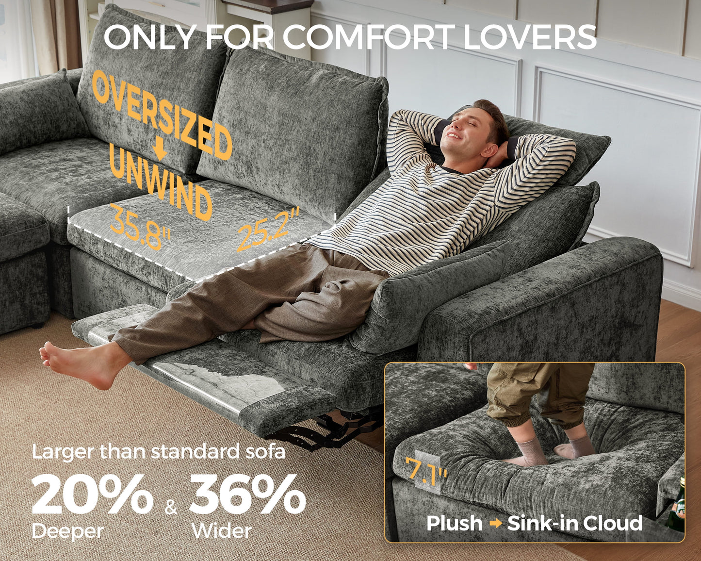 169.7'' Power Recliner Sofa with Headrest Console, Modular Cloud Sectional Chenille Reclining Couch with Storage Ottoman Chaise, Convertible 7-Seater Sofa Couch for Living Room RV, Gray
