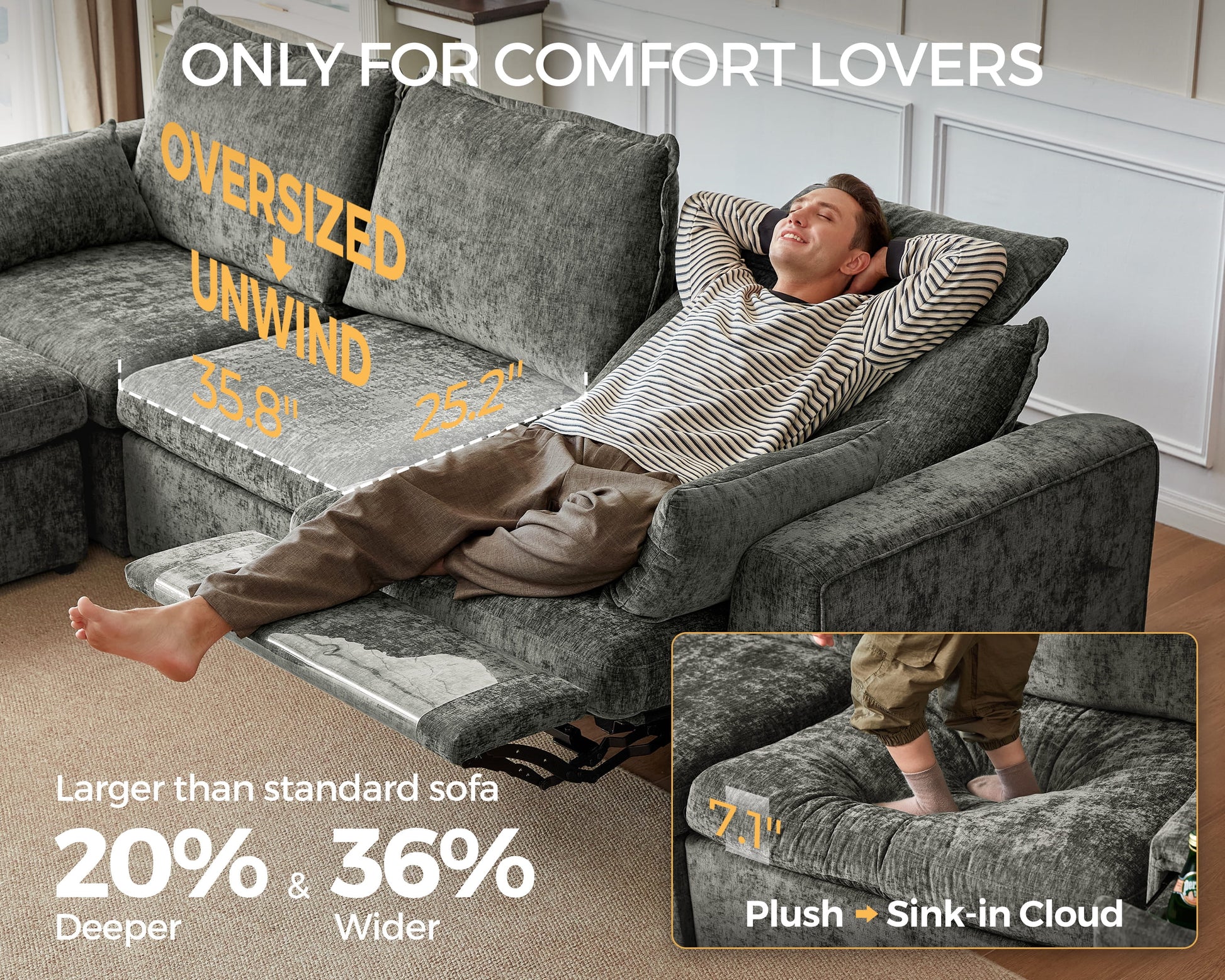 169.7'' Power Recliner Sofa with Headrest Console, Modular Cloud Sectional Chenille Reclining Couch with Storage Ottoman Chaise, Convertible 7-Seater Sofa Couch for Living Room RV, Gray