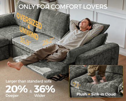 169.7'' Power Recliner Sofa with Headrest Console, Modular Cloud Sectional Chenille Reclining Couch with Storage Ottoman Chaise, Convertible 7-Seater Sofa Couch for Living Room RV, Gray