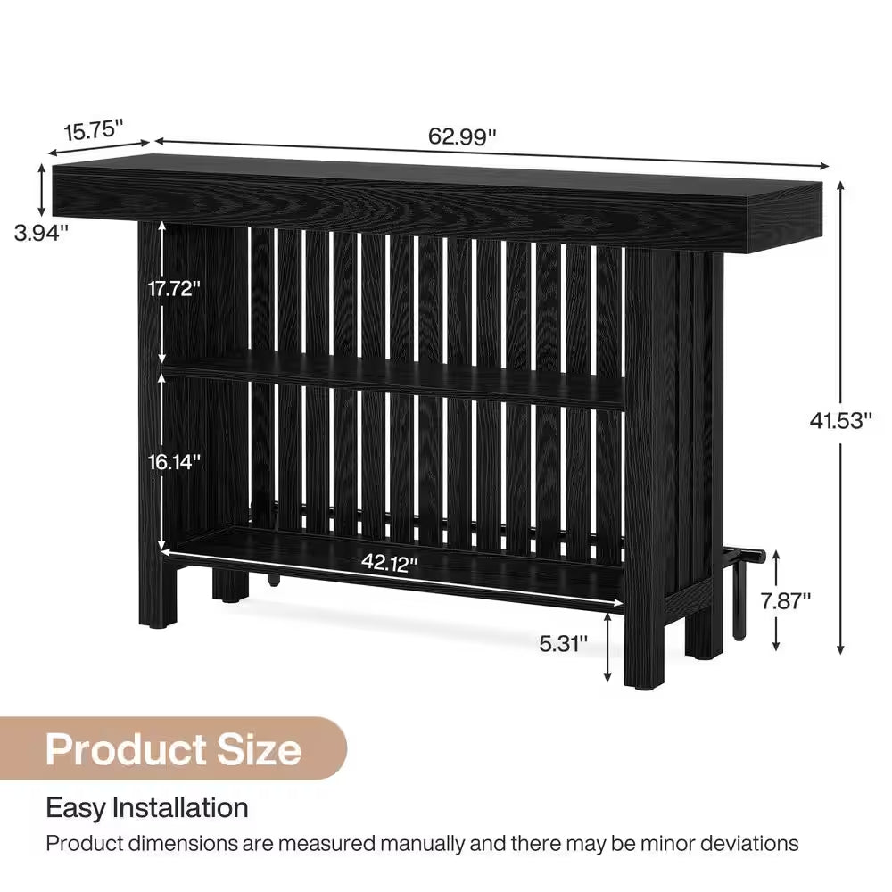 Adan 63 In. Home Black Wood Modern 2-Tier Bar Table Footrest Corner Mini Coffee Bar Cabinet Bar Unit