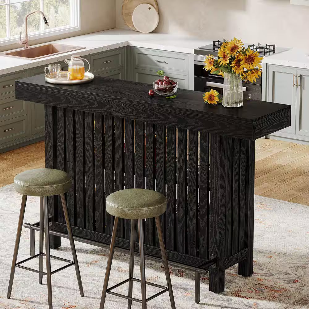 Adan 63 In. Home Black Wood Modern 2-Tier Bar Table Footrest Corner Mini Coffee Bar Cabinet Bar Unit
