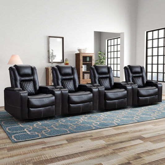 36.22" W Luxury Individual Seat Top Faux Leather Home Theater Seat Recliners Quadruple Seat with USB & Dual Cup Holders & Arm Storage (Set of 4)