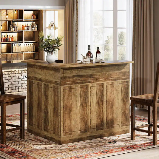 Kearsten Brown 46.5 In. Bar Cabinet, L-Shaped Home Bar Table with Stemware Racks, 4-Tier Corner Bar Unit for Home Pub