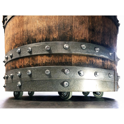Whiskey & Wine Barrel Game Table Set — Poker and Dining Tops, 6 Chairs, Dark Navy Upholstery