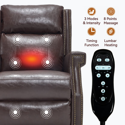 Brown Manual Recliner Chair in Faux Leather for Living Room with Heavy Duty Motion Mechanism, 8 vibrating nodes and 3 massage modes