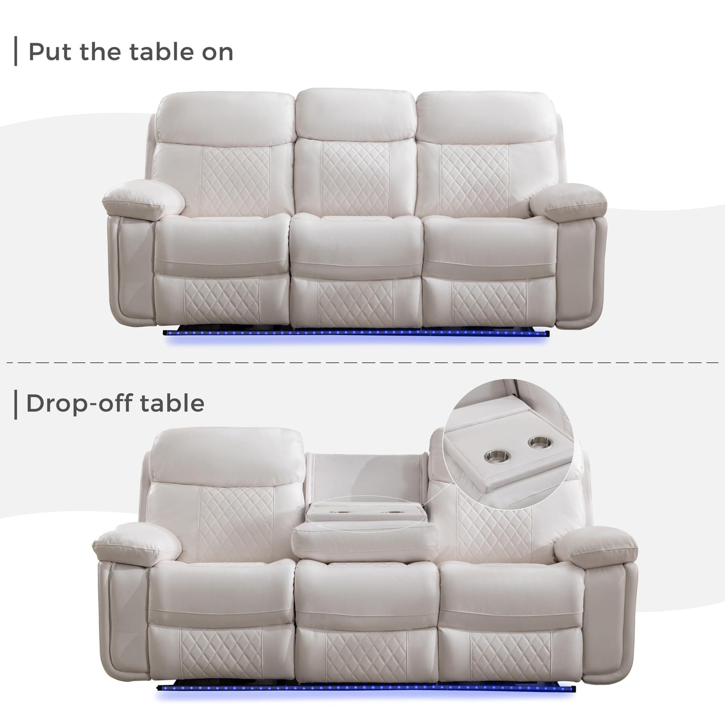 3 Seater Power Recliner Chair Sofa Set for Living Room,Faux Leather Electric White Home Theater Seating Reclining Sofa Couch with Flipped Middle Backrest,Led Light,Usb Port,Cup Holders