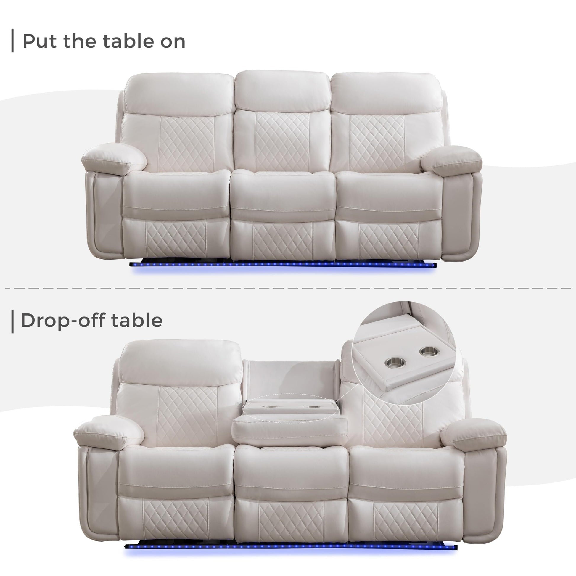 3 Seater Power Recliner Chair Sofa Set for Living Room,Faux Leather Electric White Home Theater Seating Reclining Sofa Couch with Flipped Middle Backrest,Led Light,Usb Port,Cup Holders