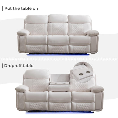 3 Seater Power Recliner Chair Sofa Set for Living Room,Faux Leather Electric White Home Theater Seating Reclining Sofa Couch with Flipped Middle Backrest,Led Light,Usb Port,Cup Holders
