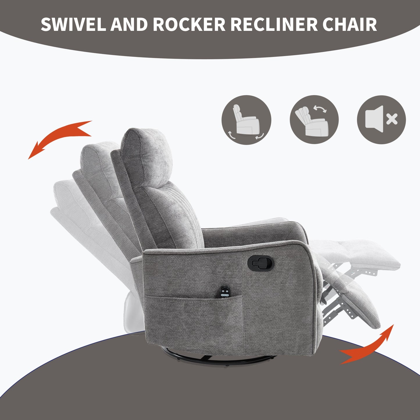 Dark Grey Heat Massage Manual Recliner Chair with Rocker and Swivel in Fabric for Living Room
