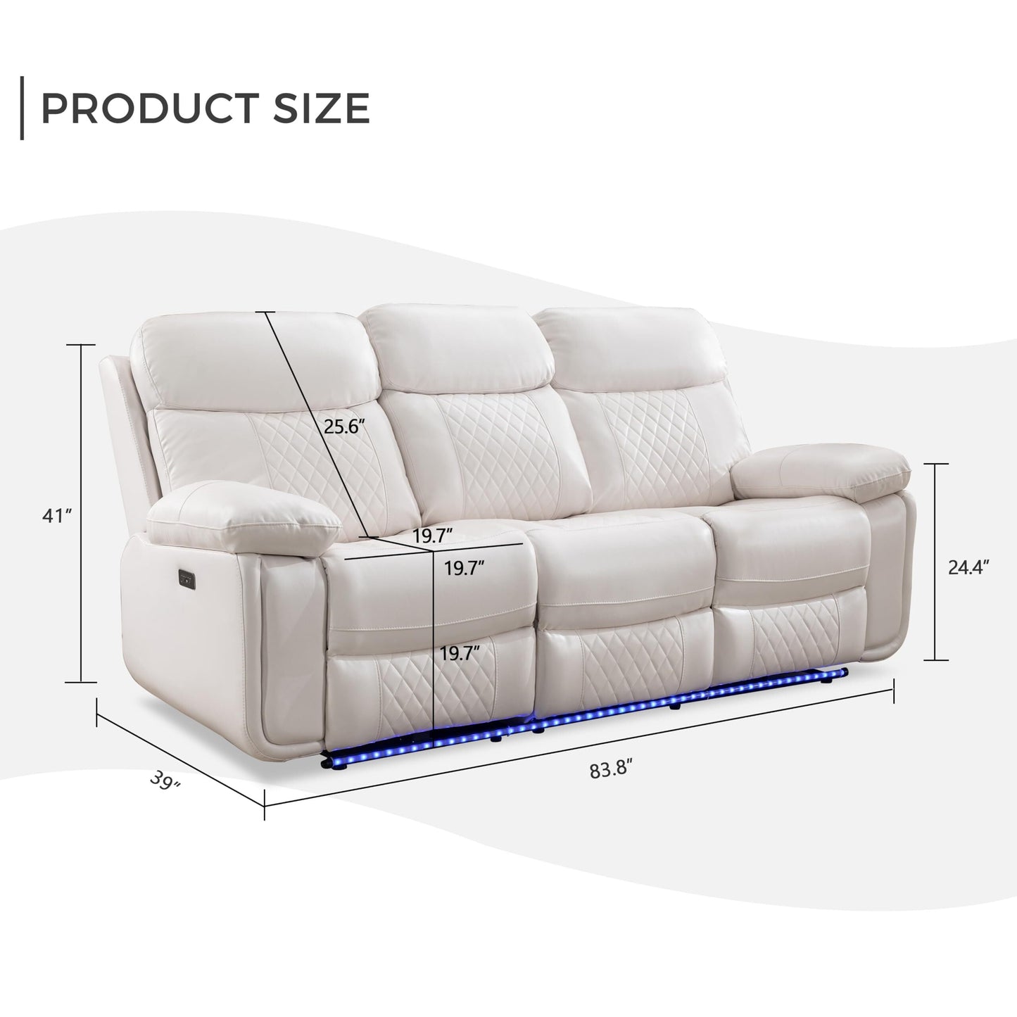 3 Seater Power Recliner Chair Sofa Set for Living Room,Faux Leather Electric White Home Theater Seating Reclining Sofa Couch with Flipped Middle Backrest,Led Light,Usb Port,Cup Holders