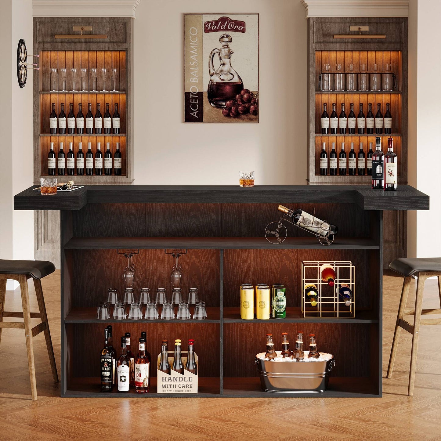 70.9" Wooden Home Bar Table with Wine Glass Holder, Pub Storage Unit Accent Table for Home Patio Basement