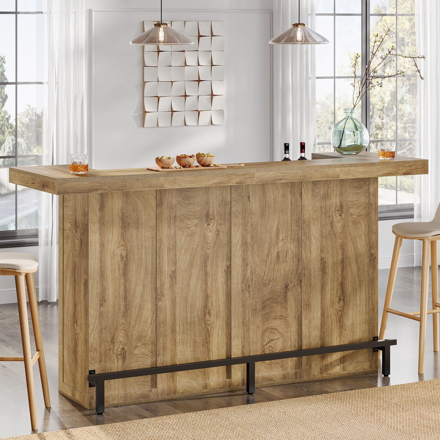70.9" Wooden Home Bar Table with Wine Glass Holder, Pub Storage Unit Accent Table for Home Patio Basement