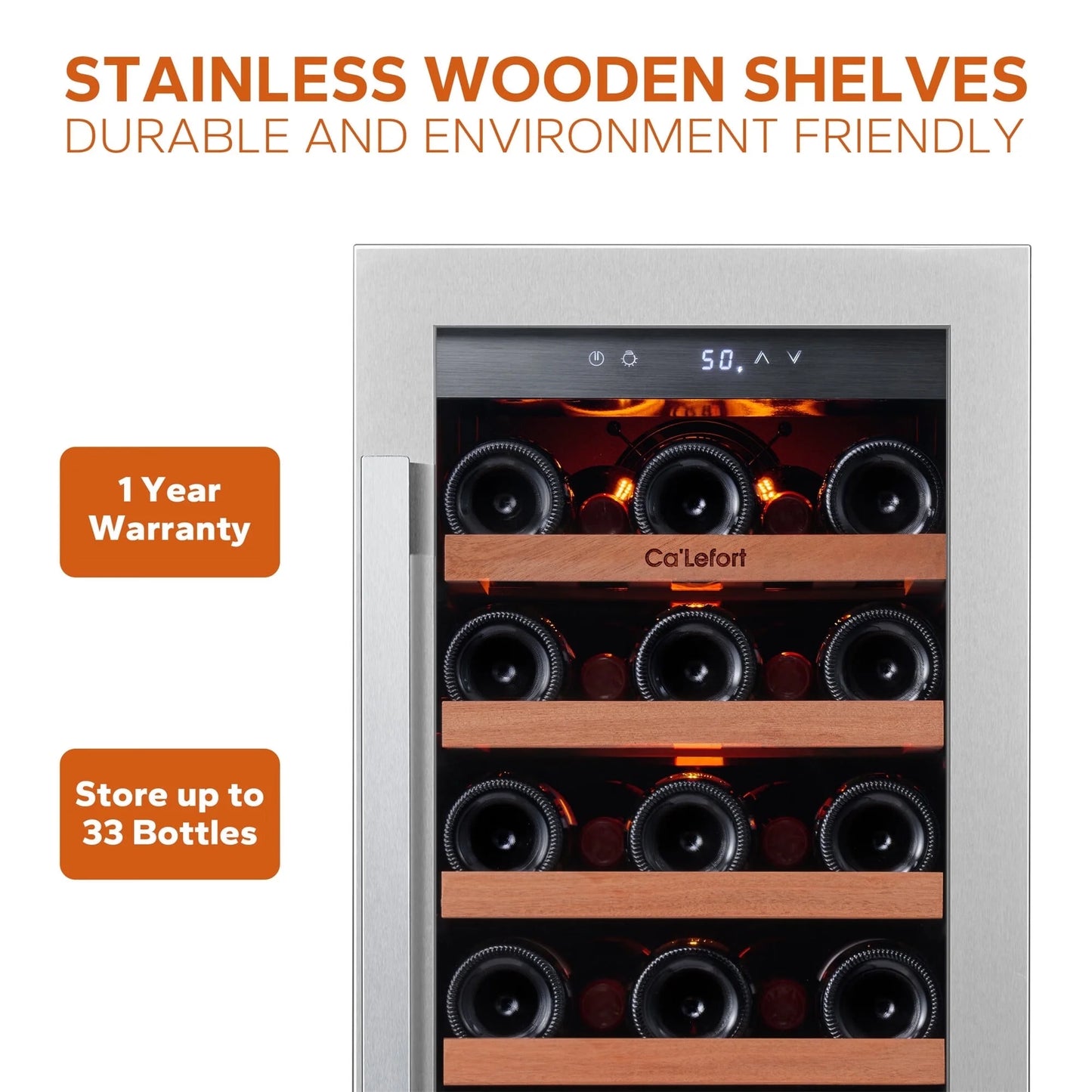 15 Inch Wine Cooler Refrigerator, 33 Bottle Wine Fridge with Glass Door Built-In & Freestanding Wine Cooler for Home/Office