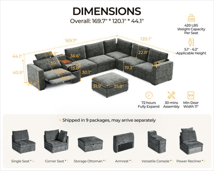 169.7'' Power Recliner Sofa with Headrest Console, Modular Cloud Sectional Chenille Reclining Couch with Storage Ottoman Chaise, Convertible 7-Seater Sofa Couch for Living Room RV, Gray