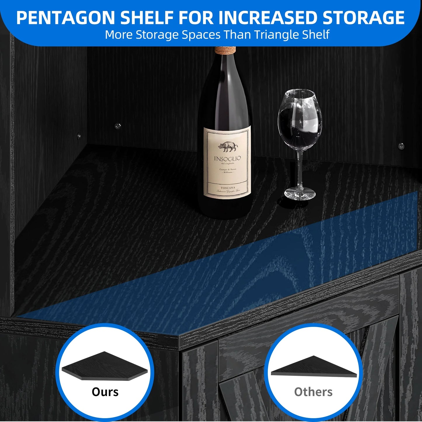 67" Corner Bar Cabinet with LED Lights, Wine Glass Holder & Storage Shelves, Black