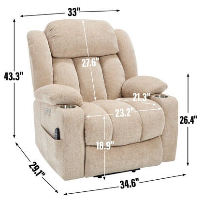 Up to 350 LBS Chenille Power Lift Recliner Chair, Heavy Duty Motion Mechanism with 8-Point Vibration Massage and Lumbar Heating, USB and Type-C Ports, Stainless Steel Cup Holders, Beige