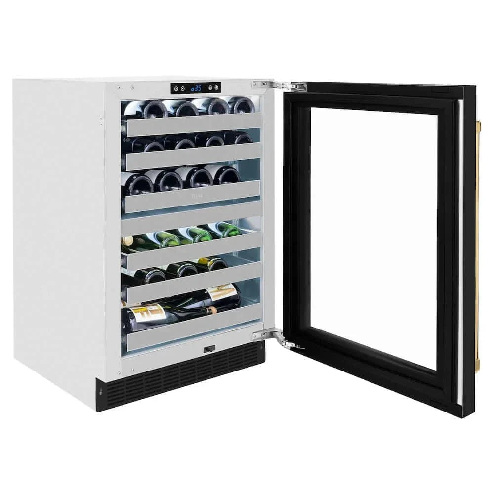 ZLINE 24" Touchstone Dual Zone 44 Bottle Wine Cooler Black Matte Glass Door Polished Gold Handle RWDOZ-BLM-24-G